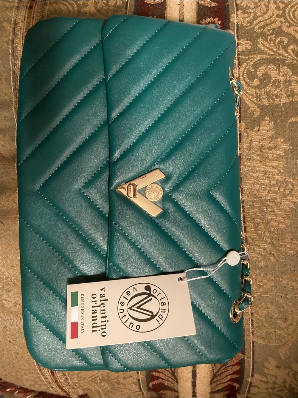 NWT Valentino Orlandi Forest Green Quilted Purse with Gold Hardware